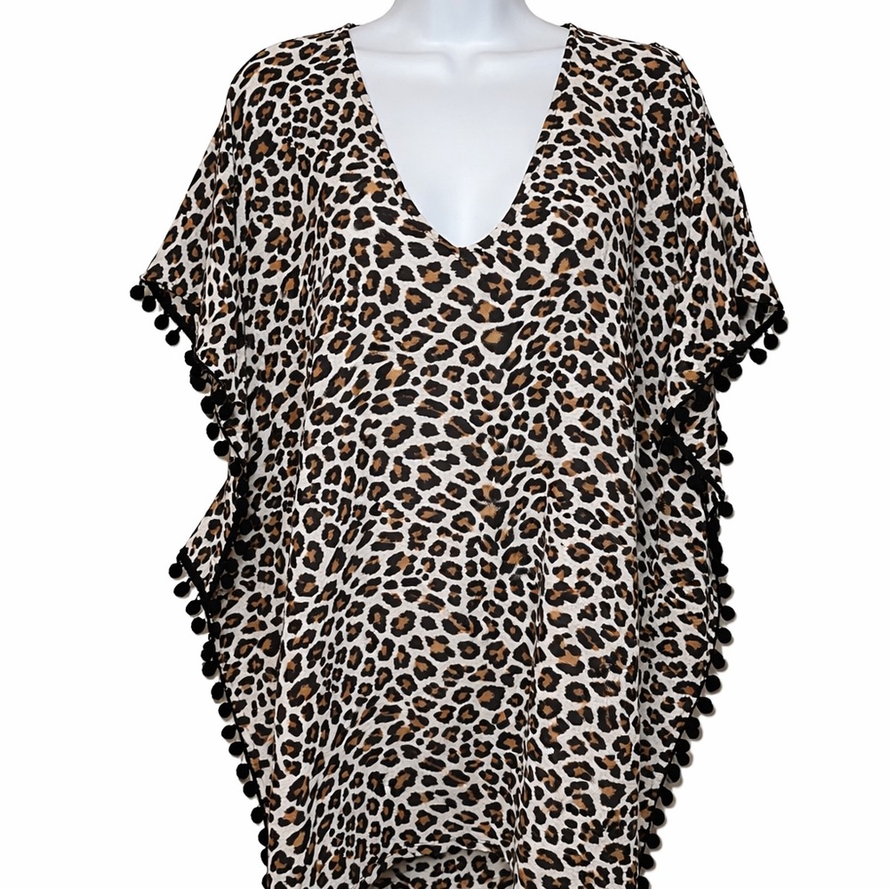 Xhilaration Leopard Print Kimono Cover Up Size M Pom Trim